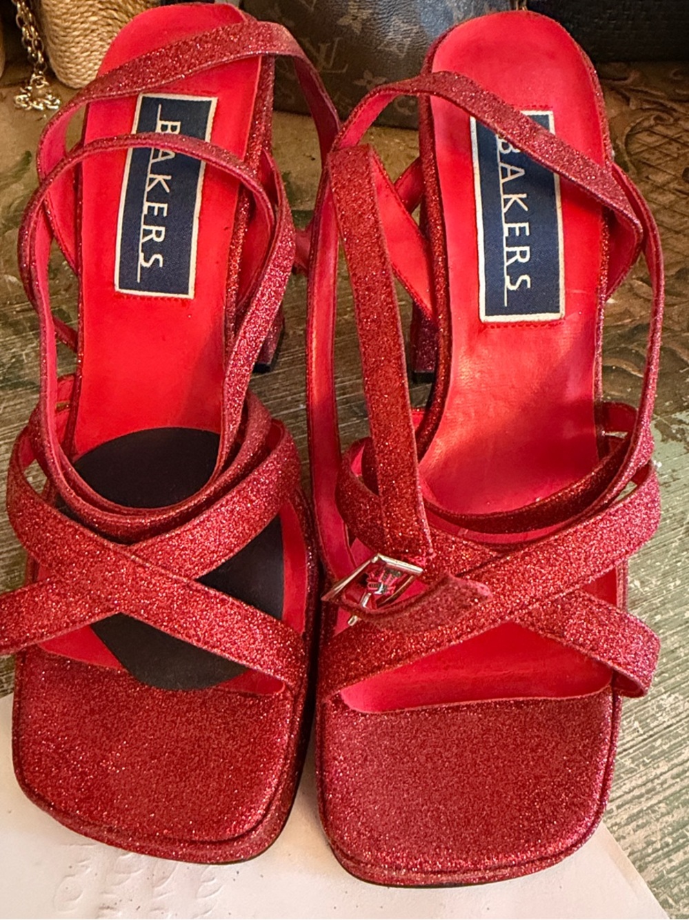 Bakers Red Glitter Cross-Strap Heeled Sandals